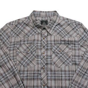 Prana Shirt Medium Brown Blue White Plaid Pearl Snap Western Pockets Outdoor